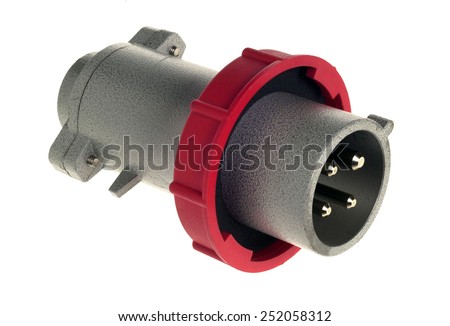 Close up Single Industrial Plug with Red Plastic Ring Isolated on White Background.
