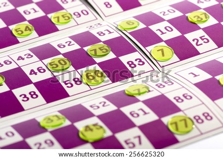 Close up Transparent Yellow Green Round Plastics on Top of Purple and White Bingo Game Cards.