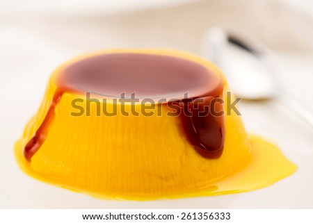 Creme caramel dessert drizzled with a tasty brown caramel sauce served on a plate, close up view