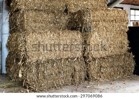Stacked rectangular hay bales in an agricultural barn ready for use as winter feed for livestock or as bedding in a barn