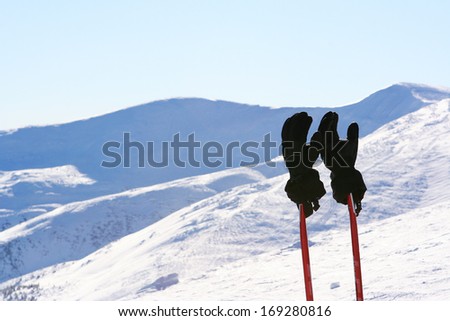 Two skiing gloves on skiing sticks against winter landscape background