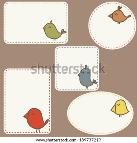 set of five empty tags with doodle cute birds, colorful childish design objects with empty space for your text here, isolated elements