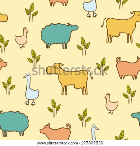 hand drawn doodle farm animals and birds, colorful childish seamless pattern