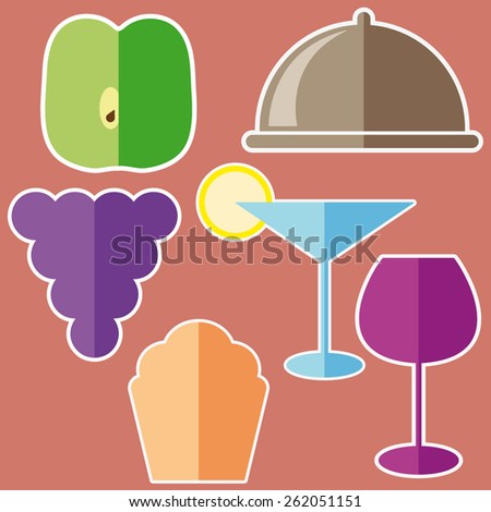 flat style, collection of different food and drink icons, apple, grape, cupcake, wine glass, cocktail glass, hotplate