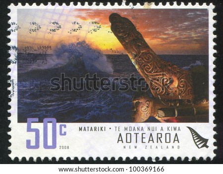 NEW ZEALAND - CIRCA 2008: stamp printed by New Zealand, shows Storming Sea and Maori Boat, circa 2008