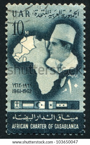 EGYPT - CIRCA 1962: stamp printed by Egypt, shows Map of Africa, King Mohammed V of Morocco and flags, circa 1962