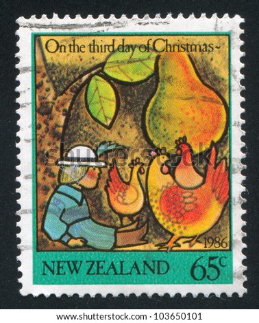 NEW ZEALAND - CIRCA 1986: stamp printed by New Zealand, shows a Man, fruits and chicken, circa 1986