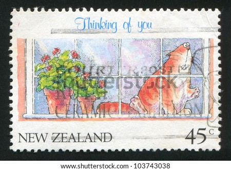 NEW ZEALAND - CIRCA 1991: A stamp printed by New Zealand, shows Thinking of You, Cat looking out window and the flowerpot, circa 1991