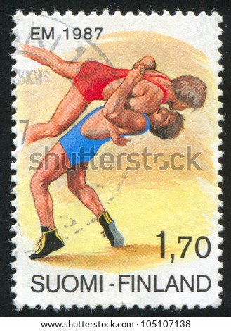 FINLAND - CIRCA 1987: stamp printed by Finland, shows European Wrestling Championships, circa 1987