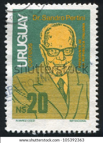 URUGUAY - CIRCA 1986: stamp printed by Uruguay, shows State Visit of President Sandro Pertini of Italy, circa 1986