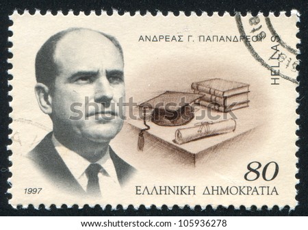 GREECE - CIRCA 1997: A stamp printed by Greece, shows Prime Minister, Andreas Papandreou, circa 1997
