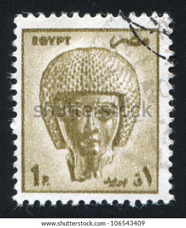 EGYPT - CIRCA 1985: stamp printed by Egypt, shows God Mout, limestone sculpture, circa 1985