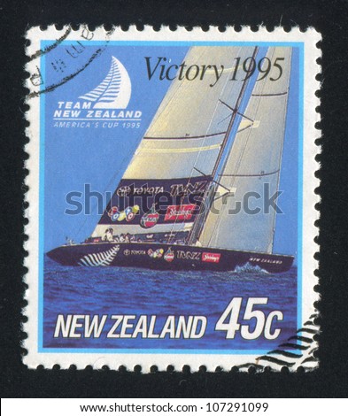 NEW ZEALAND - CIRCA 1995: A stamp printed by New Zealand, shows Black Magic yacht, Team New Zealand, America\'s Cup Winner, circa 1995