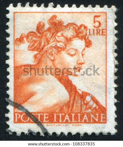 ITALY - CIRCA 1961: stamp printed by Italy, shows Designs from Sistine Chapel by Michelangelo, Head of the slave, circa 1961