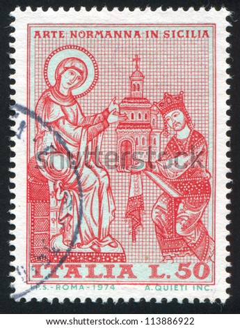 ITALY - CIRCA 1974: stamp printed by Italy, shows King William II offering model of church to the Virgin, mosaic from Monreale Cathedral, circa 1974