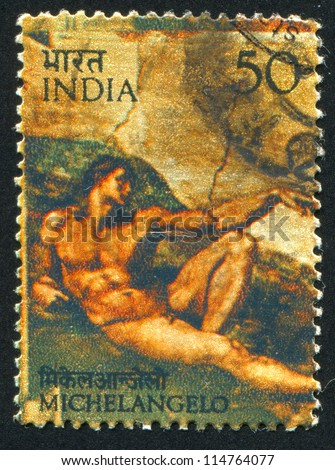INDIA - CIRCA 1975: stamp printed by India, shows fresco Creation of Adam by Michelangelo, circa 1975