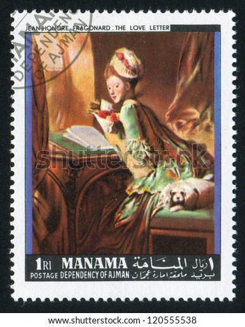 MANAMA - CIRCA 1971: stamp printed by Manama, shows The Love Letter by Fragonard, circa 1971