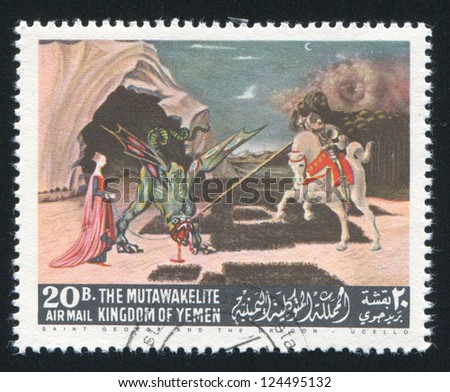 YEMEN - CIRCA 1968: stamp printed by Yemen, shows Saint George and the Dragon by Ucello, circa 1968