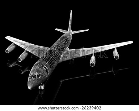 Aircraft on runway. Airplane landing, isolated on black. 3d illustration.