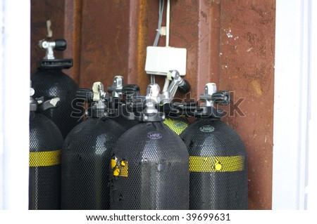 High resolution image. Respiratory apparatus. Cylinders with oxygen for an aqualung.