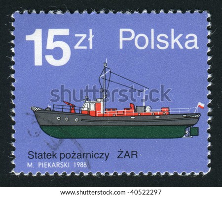 POLAND - CIRCA 1988: Fire ship and boat, Zar, circa 1988.