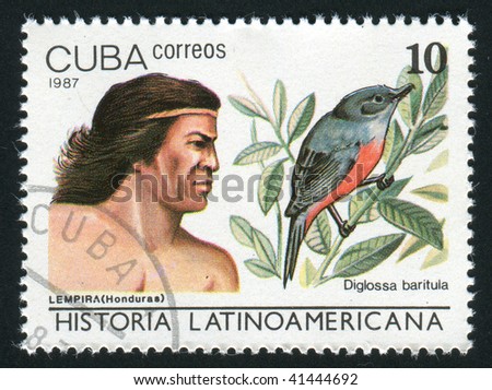 CUBA - CIRCA 1987: Latin American History, Indians and birds, circa 1987.
