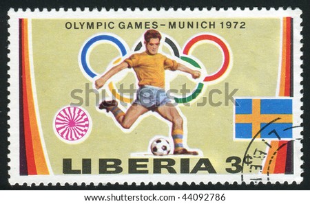 LIBERIA - CIRCA 1972: Olympic Rings, ?Motion? Symbol and: Soccer and Swedish Flag, circa 1972.