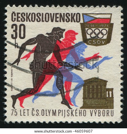 CZECHOSLOVAKIA - CIRCA 1971: Runners, Parthenon, Czechoslovak Olympic Emblem, circa 1971.