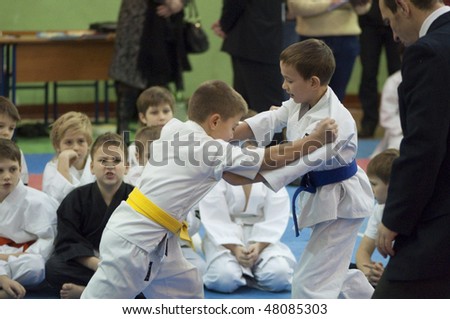 KALININGRAD, RUSSIA  - DECEMBER 28: Karate boys sports competitions in sport hall, December 28, 2009 in Kaliningrad, Russia.