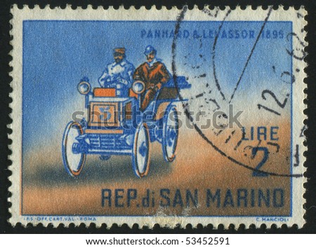 SAN MARINO - CIRCA 1961: stamp printed by San Marino, shows old auto, circa 1961.