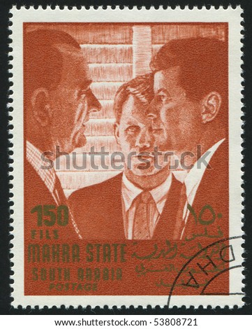SOUTH ARABIA - CIRCA 1967: stamp printed by South Arabia, shows John Fitzgerald Kennedy was the 35th President of the United States, circa 1967.