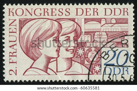GERMANY- CIRCA 1969: stamp printed by Germany, shows Women and Symbols of Agriculture Science and Industry, circa 1969.