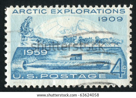 UNITED STATES - CIRCA 1959: stamp printed by United states, shows North Pole Dog Sled and Nautilus, circa 1959