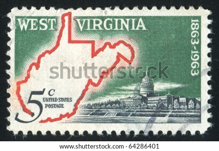 UNITED STATES - CIRCA 1963: stamp printed in United states, shows Map of West Virginia & State Capitol, circa 1963