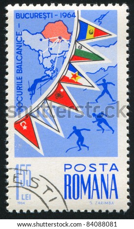 ROMANIA - CIRCA 1964: stamp printed by Romania, shows map and flags of Balkan countries, circa 1964