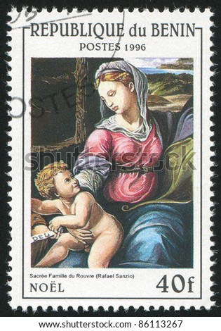 BENIN CIRCA 1996: stamp printed by Benin, shows Holy Family Under the Oak Tree, by Raphael, circa 1996