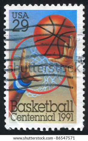 UNITED STATES - CIRCA 1991: stamp printed by United states, shows Basketball, Hoop, Players Arms, circa 1991