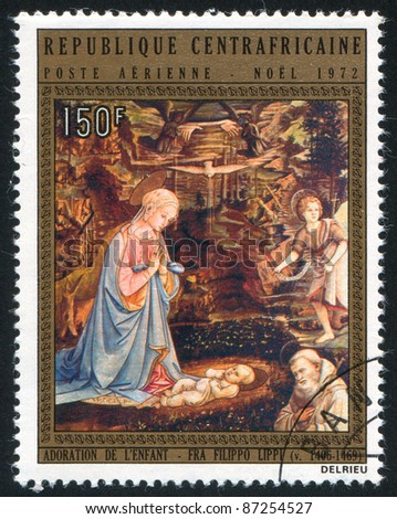 CENTRAL AFRICAN REPUBLIC 1972: A stamp printed by Central African Republic, shows Adoration of the Child, by Fra Filippo Lippi, circa 1972