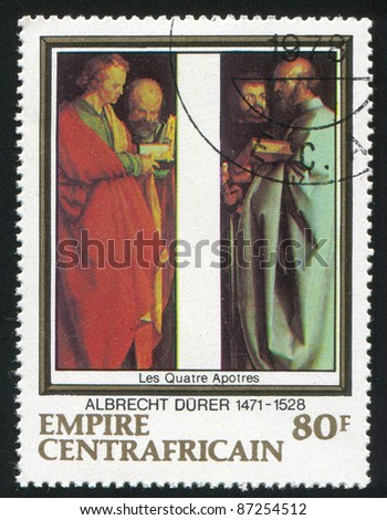 CENTRAL AFRICAN REPUBLIC 1978: A stamp printed by Central African Republic, shows The Four Apostles, by Durer, circa 1978