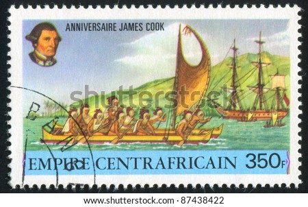 CENTRAL AFRICAN REPUBLIC 1978: stamp printed by Central African Republic, shows Masked rowers in Hawaiian boat, circa 1978