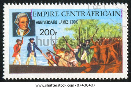CENTRAL AFRICAN REPUBLIC 1978: stamp printed by Central African Republic, shows Hawaiians welcoming Captain Cook, circa 1978