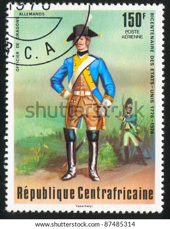 CENTRAL AFRICAN REPUBLIC - CIRCA 1976: A stamp printed by Central African Republic, shows German dragoon, circa 1976