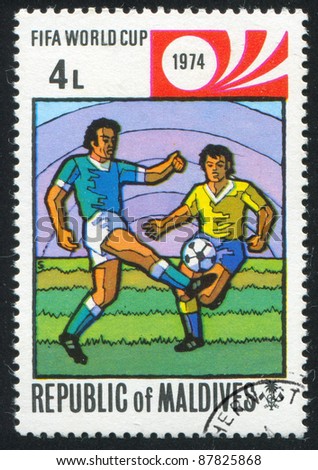 MALDIVE ISLANDS - CIRCA 1974: stamp printed by Maldive Islands, shows football, circa 1974