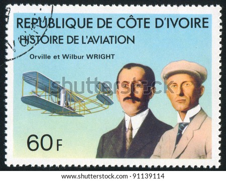 IVORY COAST CIRCA 1977: stamp printed by Ivory Coast, shows Orville and Wilbur Wright, \'Wright Flyer\', circa 1977