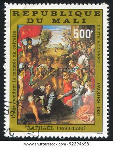 MALI - CIRCA 1981: A stamp printed by Mali, shows Jesus Falls on the Way to Calvary, by Raphael, circa 1981