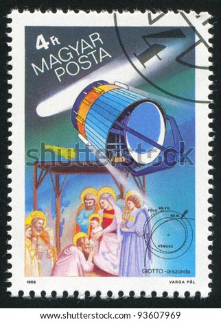 HUNGARY - CIRCA 1986: stamp printed by Hungary, shows Halley\'s Comet, European Space Agency Giotto, The Three Magi, tapestry by Giotto, circa 1986