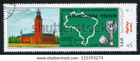 YEMEN - CIRCA 1958: stamp printed by Yemen, shows Castle in Stockholm, Map of Sweden and Football cup, circa 1958