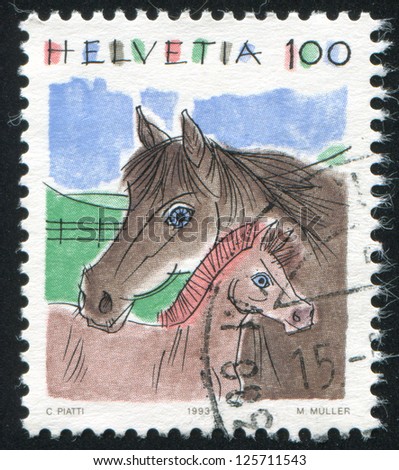 SWITZERLAND - CIRCA 1993: A stamp printed by Switzerland, shows Horses, Animals, circa 1993