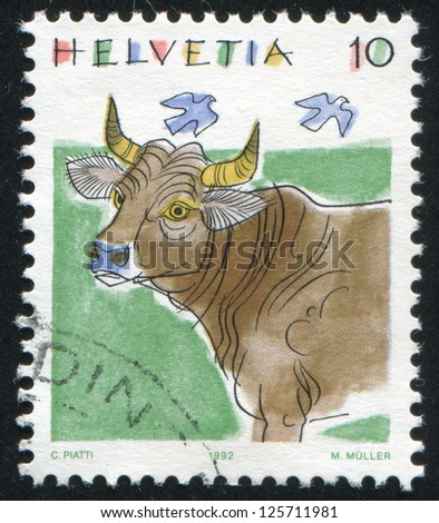 SWITZERLAND - CIRCA 1992: A stamp printed by Switzerland, shows Cow, Animals, circa 1992
