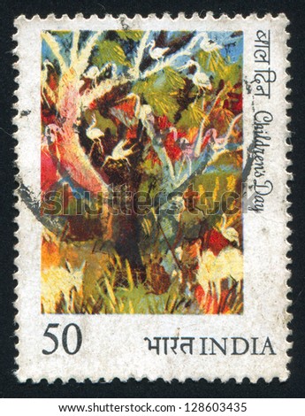 INDIA - CIRCA 1984: stamp printed by India, shows painting of birds in trees, circa 1984